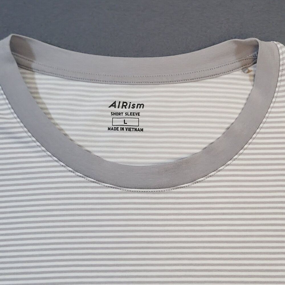 Uniqlo AIRism Cotton Blend Shirt Mens Large Gray White Striped Ringer Crew Neck - Picture 2 of 8
